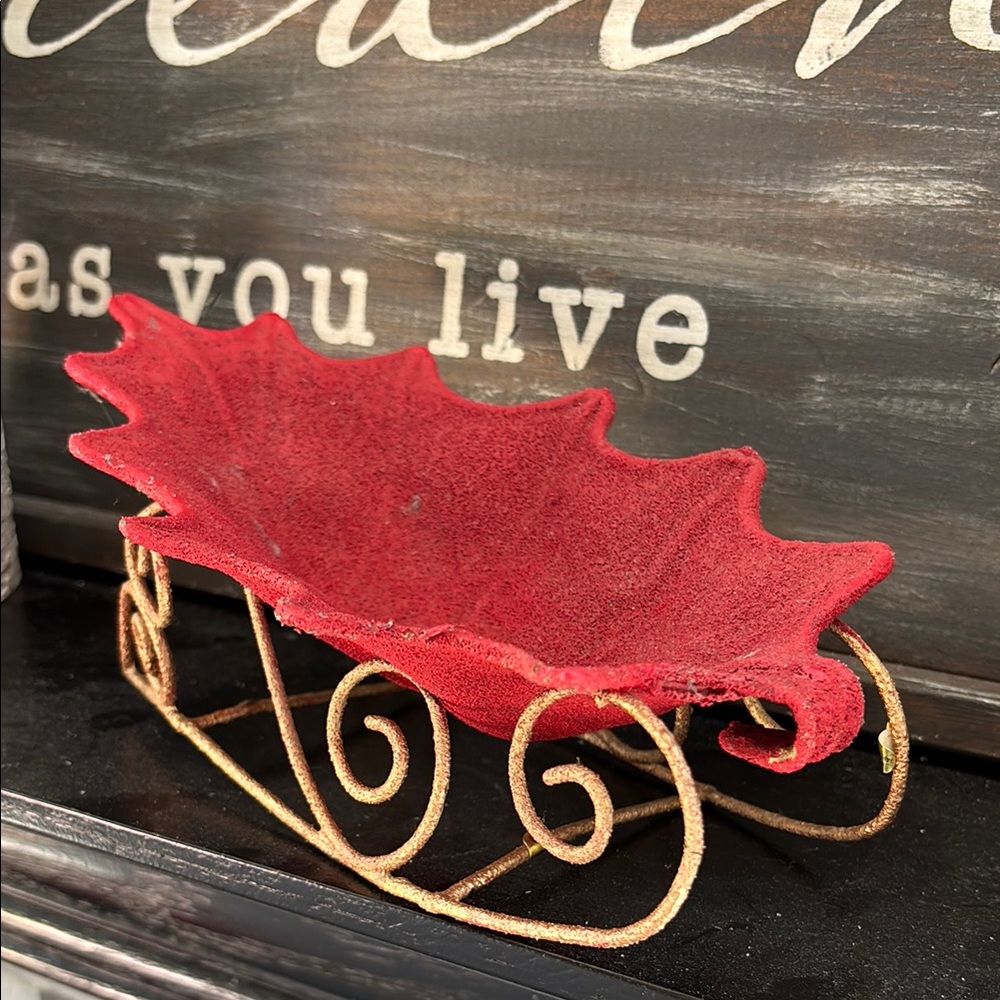 Vintage Red Leaf Decorative Holiday Concaved hard paper mache-like sleigh